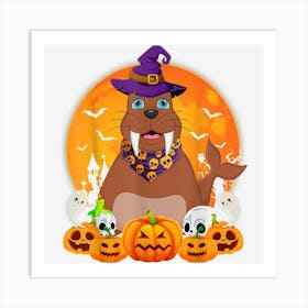 Walrus Lover Scary Pumpkin Skull Witch Walrus Halloween Art Print