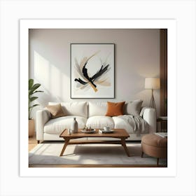 Modern Living Room With White Couch, Coffee Table, And Artwork Art Print