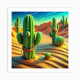 Surreal Desert Scene With Cacti Tied Together Art Print