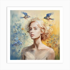 Beautiful Lady and Birds Art Print