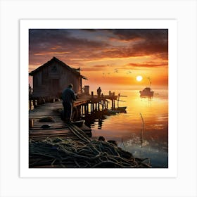 Sea Fisherman Mending Nets On A Rustic Wooden Dock At Dawn Mist Rolling Over Calm Waters Silhouett 537540339 (1) Art Print