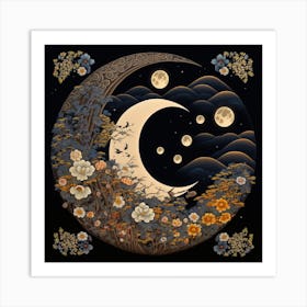 Moon And Flowers Art Print