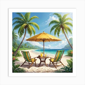 Beach Chairs And Umbrella 4 Art Print