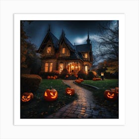 Halloween House With Pumpkins Art Print