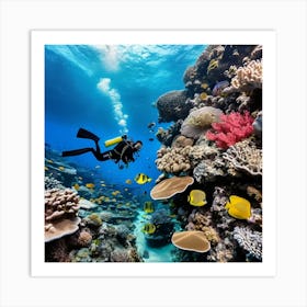 Underwater photography of a coral reef, with diverse marine life and a scuba diver for scale Art Print