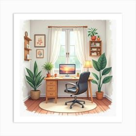 Cozy Home Office In Watercolor, With A Desk, Computer, And Personal Touches Art Print