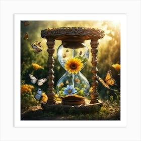 Hourglass With Sunflowers And Butterflies Art Print