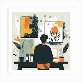 Illustration Of A Woman At Her Desk Art Print