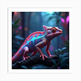 A Futuristic Chameleon With Holographic Scales Blending Into A Neon Lit Jungle 1 Art Print