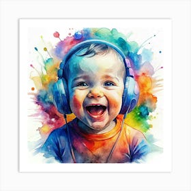 A Baby Wearing Headphones And Smiling Art Print