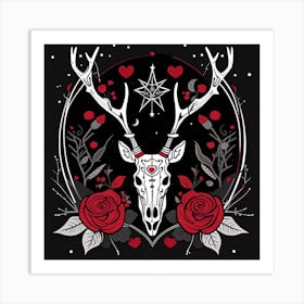 Deer Skull With Roses minimalist style Art Print