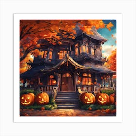 Halloween House With Pumpkins 3 Art Print