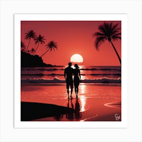 Couple At Sunset On The Beach Art Print