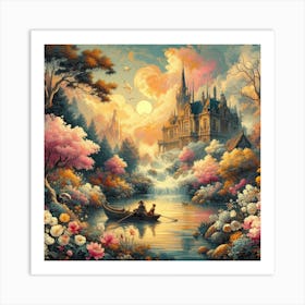 A wonderful painting of a castle with the sea and sailboats next to it 10 Art Print