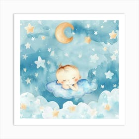 Watercolor Baby Sleeping On A Cloud Art Print