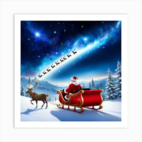 Santa Claus Flying With Reindeer Art Print