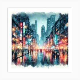 Rain Soaked Cityscape With Neon Lights Reflecting On Wet Pavement (4) Art Print