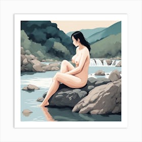 Nude Woman Sitting On Rocks Art Print