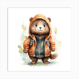 Watercolour Cartoon Beaver In A Hoodie 1 Art Print