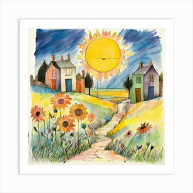 Crayon Drawn Landscape Featuring A Sun Smiling In The Corner Oversized Flowers With Irregular Petal 417913799 Art Print