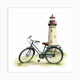 Classic Bicycle With An Old Lighthouse In Watercolor 1 Art Print