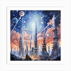 Ethereal Heights: A Futuristic Watercolour Symphony Art Print