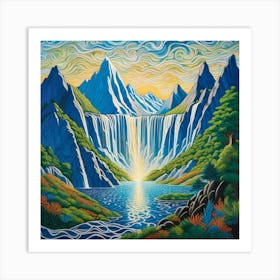 Nature Mountains Lake Forest Landscape Sunset Flowers Trees Sky Travel Digital Fantasy Anime Artwork Surreal Design Cartoon Art Print