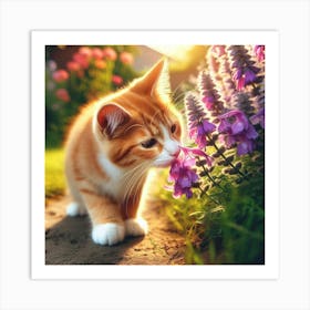 Cute Kitten Sniffing Flowers Art Print