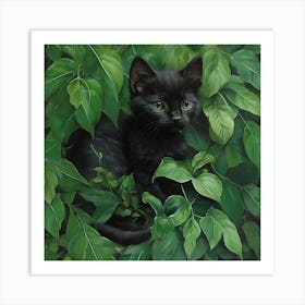 Black Kitten In Green Leaves 2 Art Print