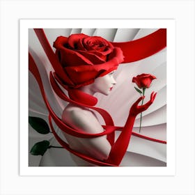 Enveloped in Crimson A Minimalist Fusion of Woman and Rose Art Print