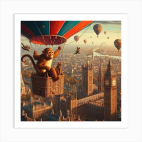 Hot Air Balloon Monkey Over London Art Print