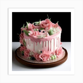 Pink Cake With Flowers Art Print