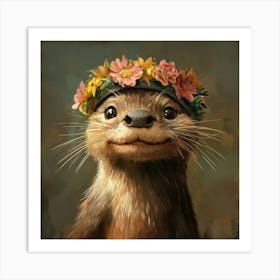 Otter With Flower Crown Póster