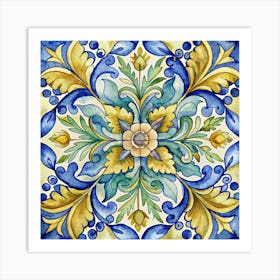 Watercolor Painting Of Traditional Italian Majolica Tile With A Floral Pattern Art Print