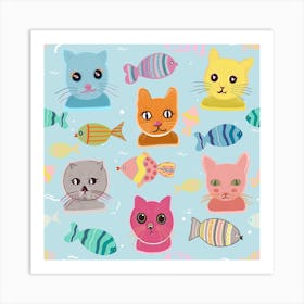 Cute Cat Faces Pattern Blue Background Square Art Print