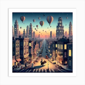 Cityscape With Hot Air Balloons Art Print