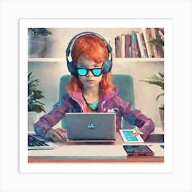 Girl With Headphones Art Print