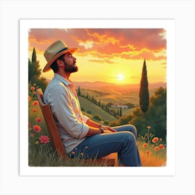 Charming Italian Man In Watercolor, Relaxed Under A Tuscan Sunset Sky Art Print