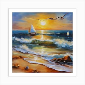 Oil painting design on canvas. Sandy beach rocks. Waves. Sailboat. Seagulls. The sun before sunset.20 Art Print