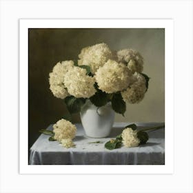 White Hydrangeas In A White Vas On A Table Art Print