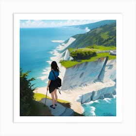 Colorful Illustration With A Young Girl Wandering And Standing At A Cliff Overlooking The Ocean Art Print