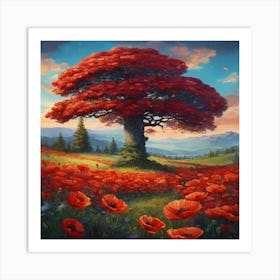 Poppy Field With A Pine Tree Growing In The Middle (1) (1) Art Print