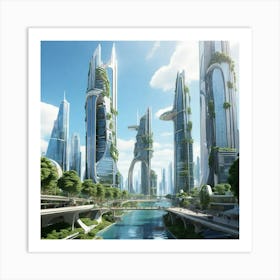 a futuristic cityscape that blends sleek skyscrapers with lush greenery, soaring bridges, and cascading waterfalls Art Print