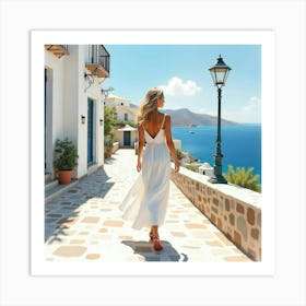 Elegant Greek Woman In Watercolor, Strolling Through A Picturesque Coastal Town 1 Art Print