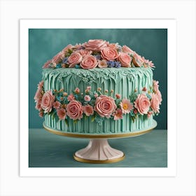 Cake With Pink Roses Art Print