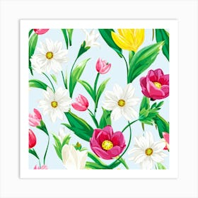 Cartoon Style Digital Painting Of An Isolated Spring Bouquet Featuring Blooming Tulips Roses And D (1) 2 Art Print