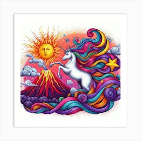 A Unicorn With Colorful Streaks Of Ribbon With Purple Feathers Sun And Moon And Star In A Volcano Of Red Van Gogh Style 4 Art Print