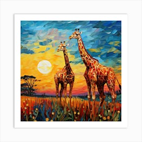 Giraffes At Sunset 3 Art Print