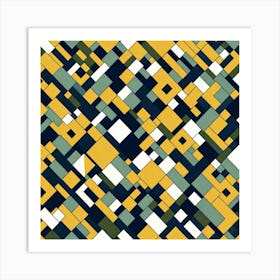 A Sophisticated Pattern Featuring Shapes And Bold Contrasting Colors like Mustard Yellow Navy Blue, flat art, 198 Art Print