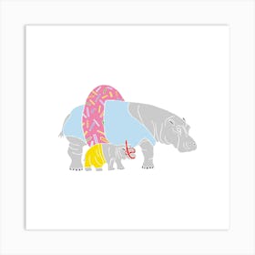 Hippos With Pool Donut Ringo And Snorkel, Fun Safari Animal Print, Square Art Print